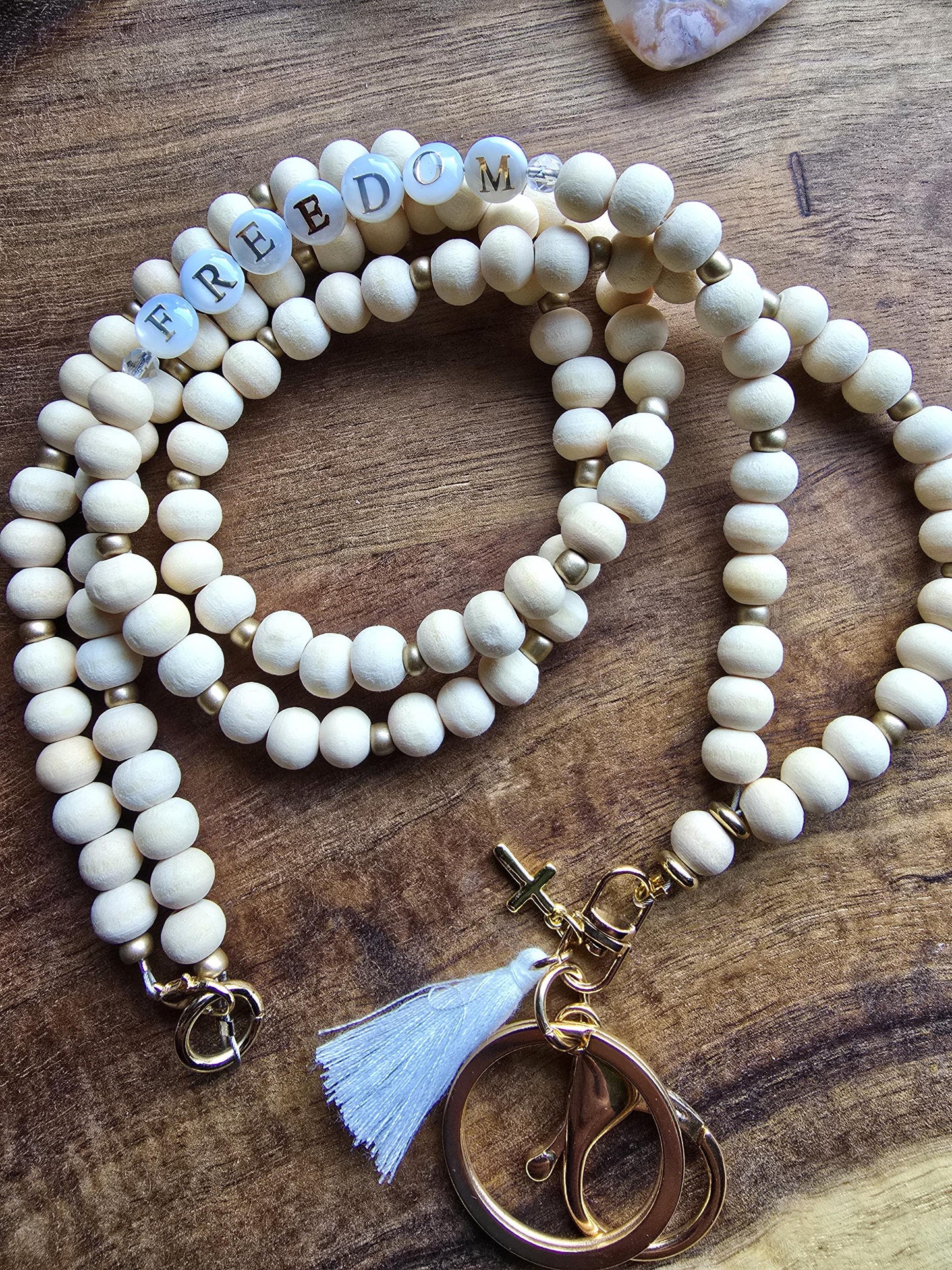 Charlie Kirk Freedom Lanyard | Patriotic Wood Bead Lanyard | Neutral and Subtle Support Jewelry | Cross Charm | Handmade