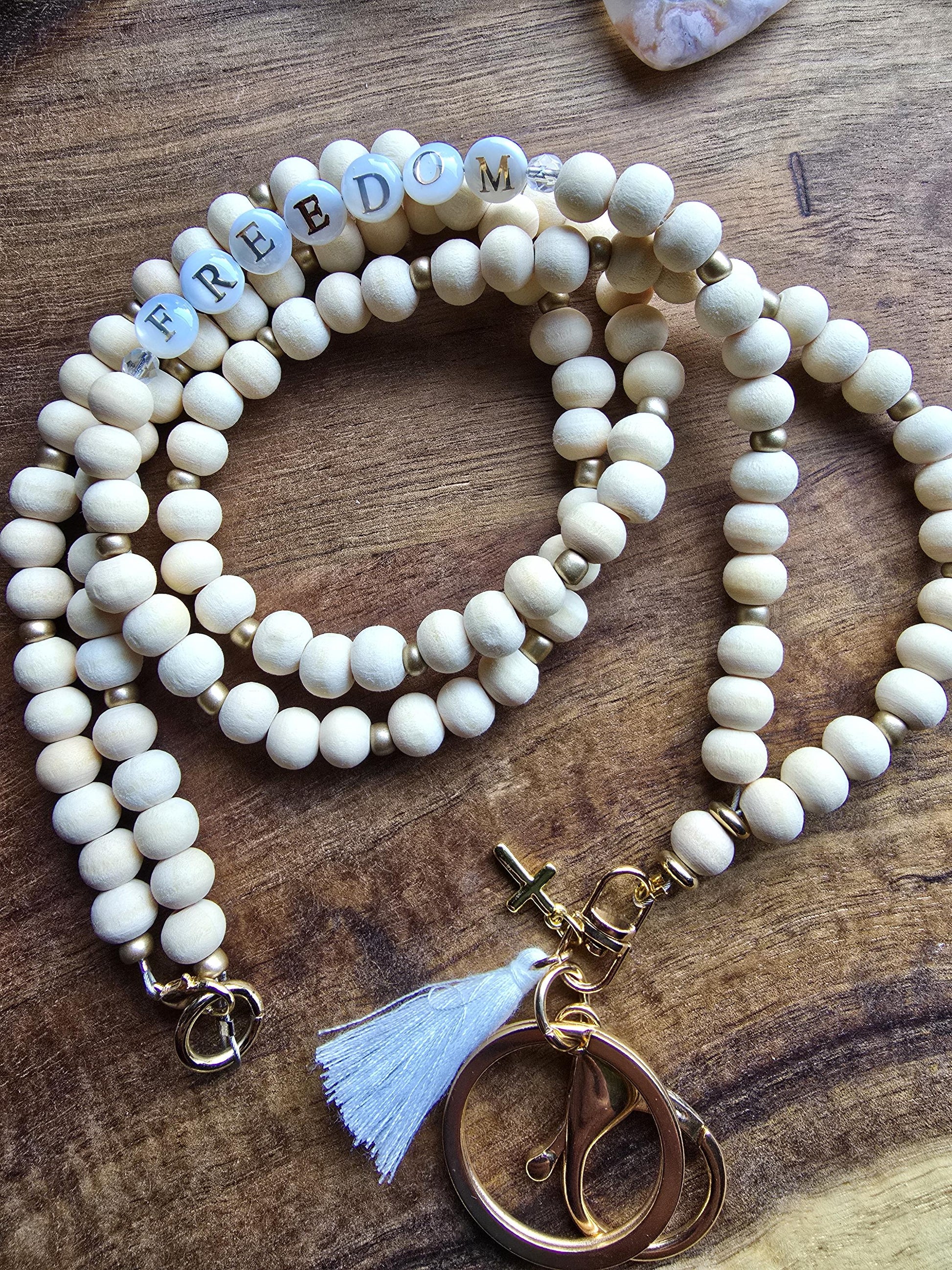 Charlie Kirk Freedom Lanyard | Patriotic Wood Bead Lanyard | Neutral and Subtle Support Jewelry | Cross Charm | Handmade