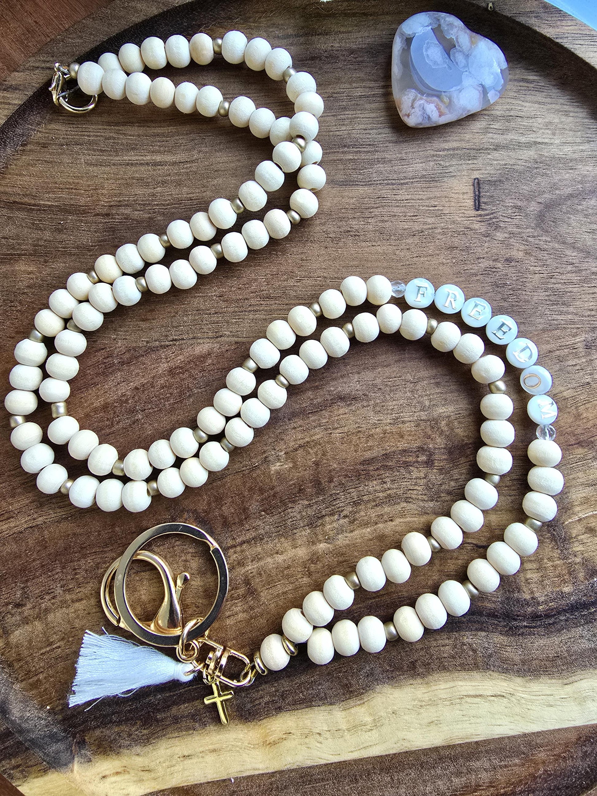 Charlie Kirk Freedom Lanyard | Patriotic Wood Bead Lanyard | Neutral and Subtle Support Jewelry | Cross Charm | Handmade