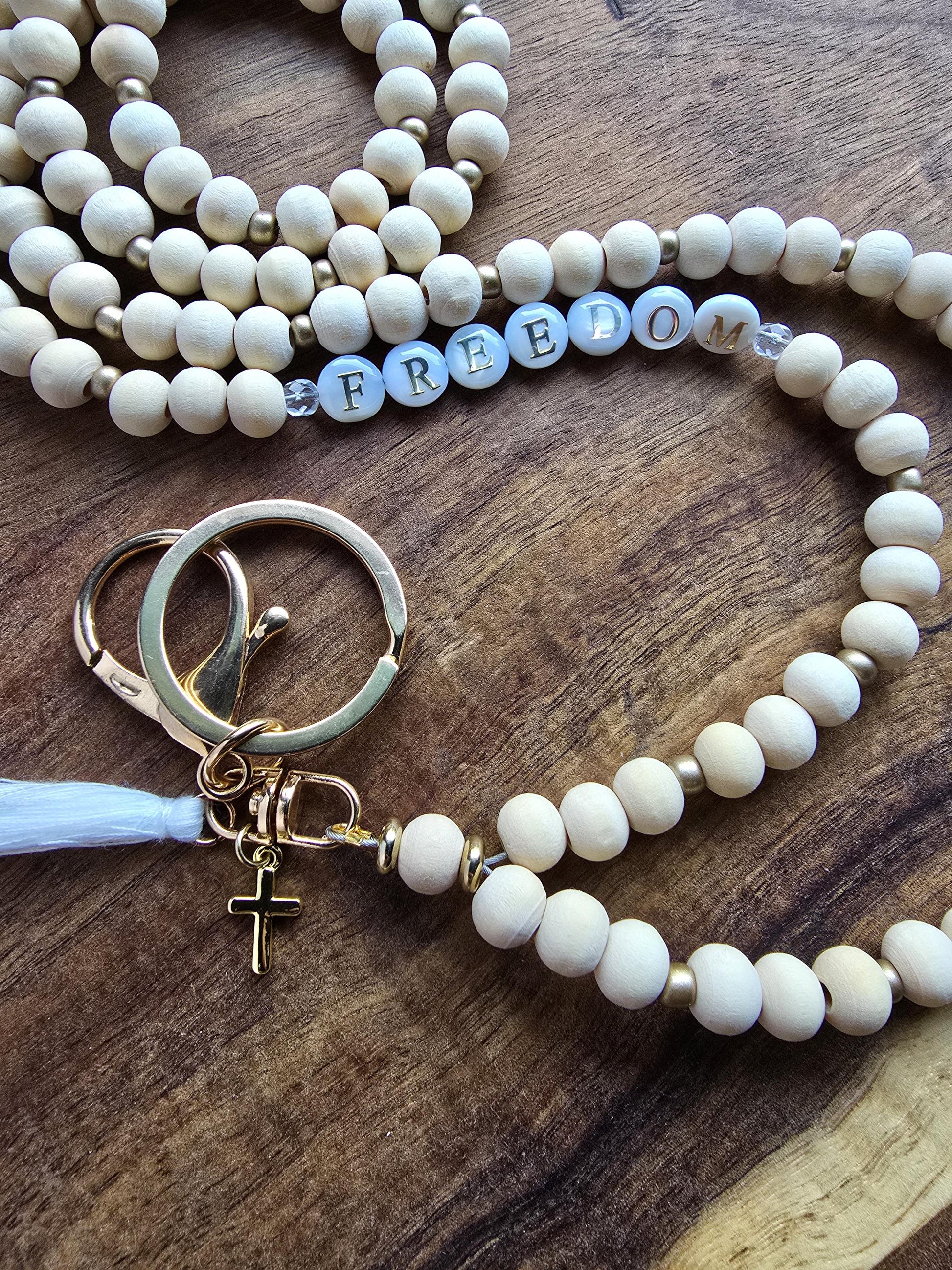 Charlie Kirk Freedom Lanyard | Patriotic Wood Bead Lanyard | Neutral and Subtle Support Jewelry | Cross Charm | Handmade
