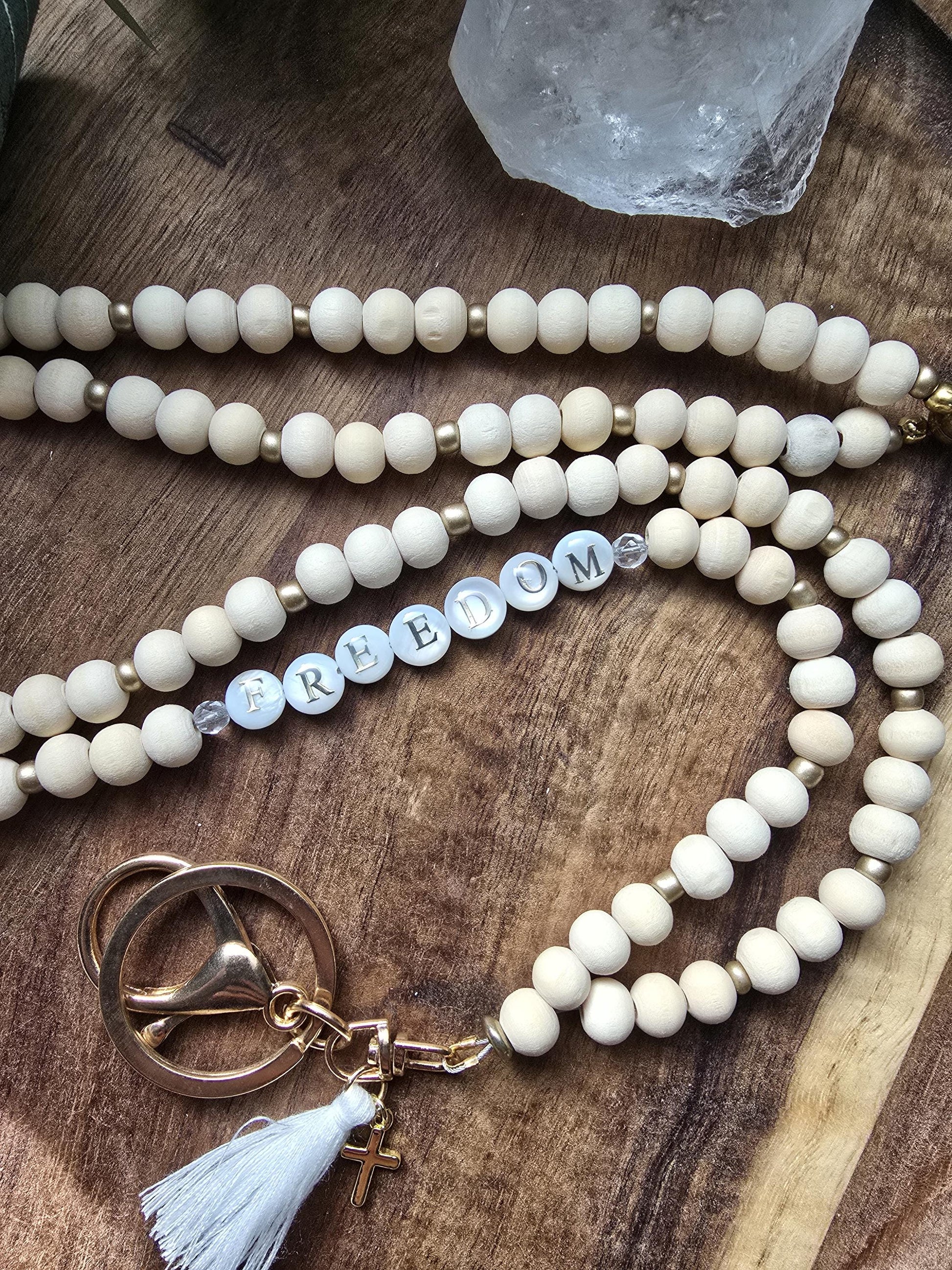 Charlie Kirk Freedom Lanyard | Patriotic Wood Bead Lanyard | Neutral and Subtle Support Jewelry | Cross Charm | Handmade