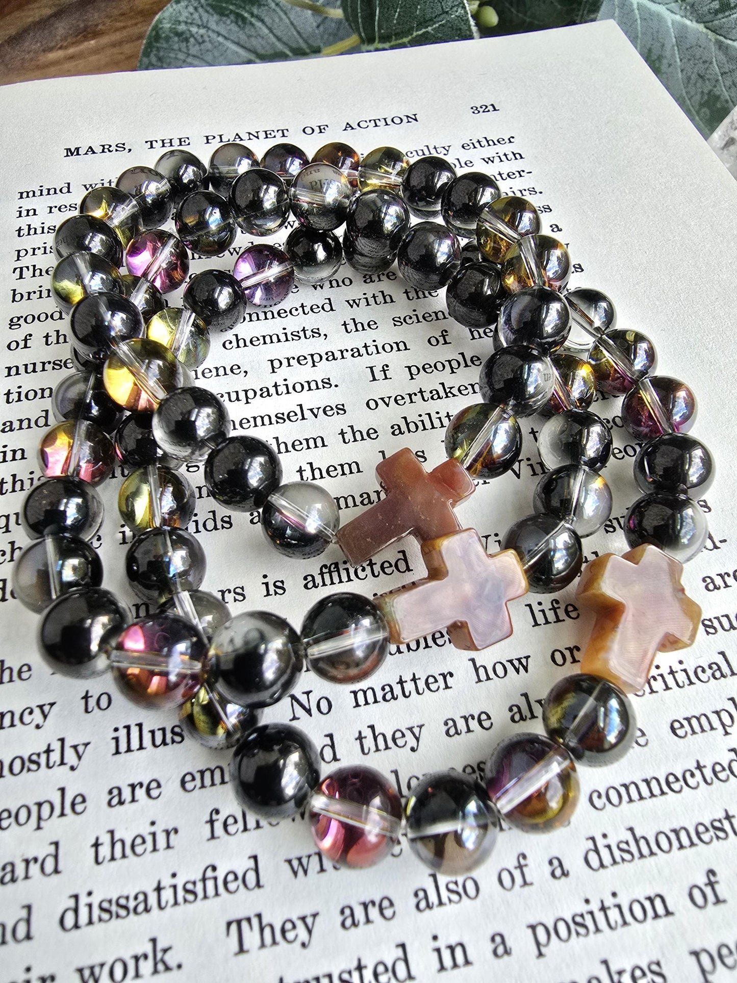 Prayer Bracelet | Smokey Mystic Aura Quartz Bracelet | Christian Cross Focal Bead | Iridescent Gemstone Bracelet | Handmade