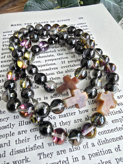 Prayer Bracelet | Smokey Mystic Aura Quartz Bracelet | Christian Cross Focal Bead | Iridescent Gemstone Bracelet | Handmade