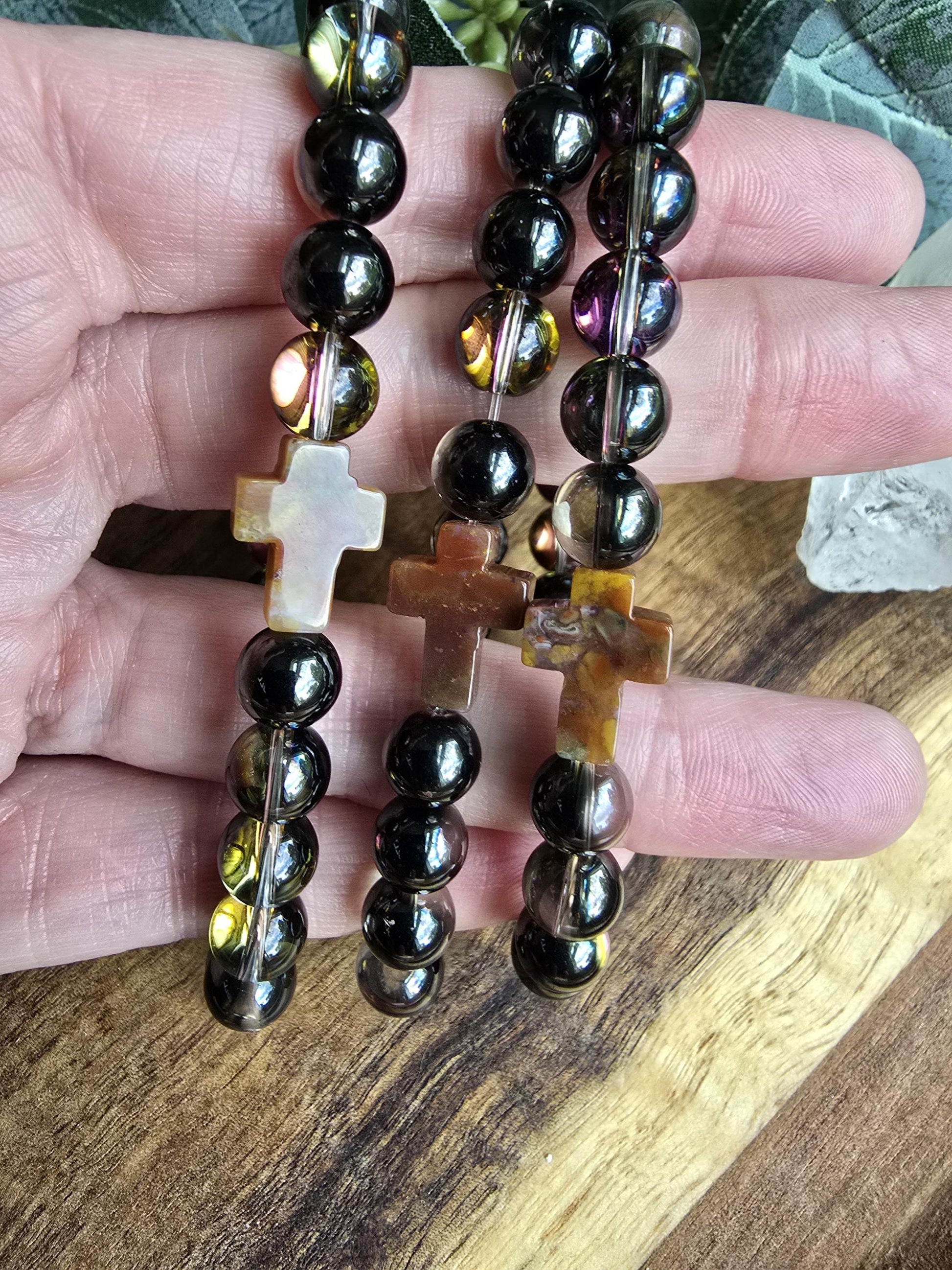 Prayer Bracelet | Smokey Mystic Aura Quartz Bracelet | Christian Cross Focal Bead | Iridescent Gemstone Bracelet | Handmade