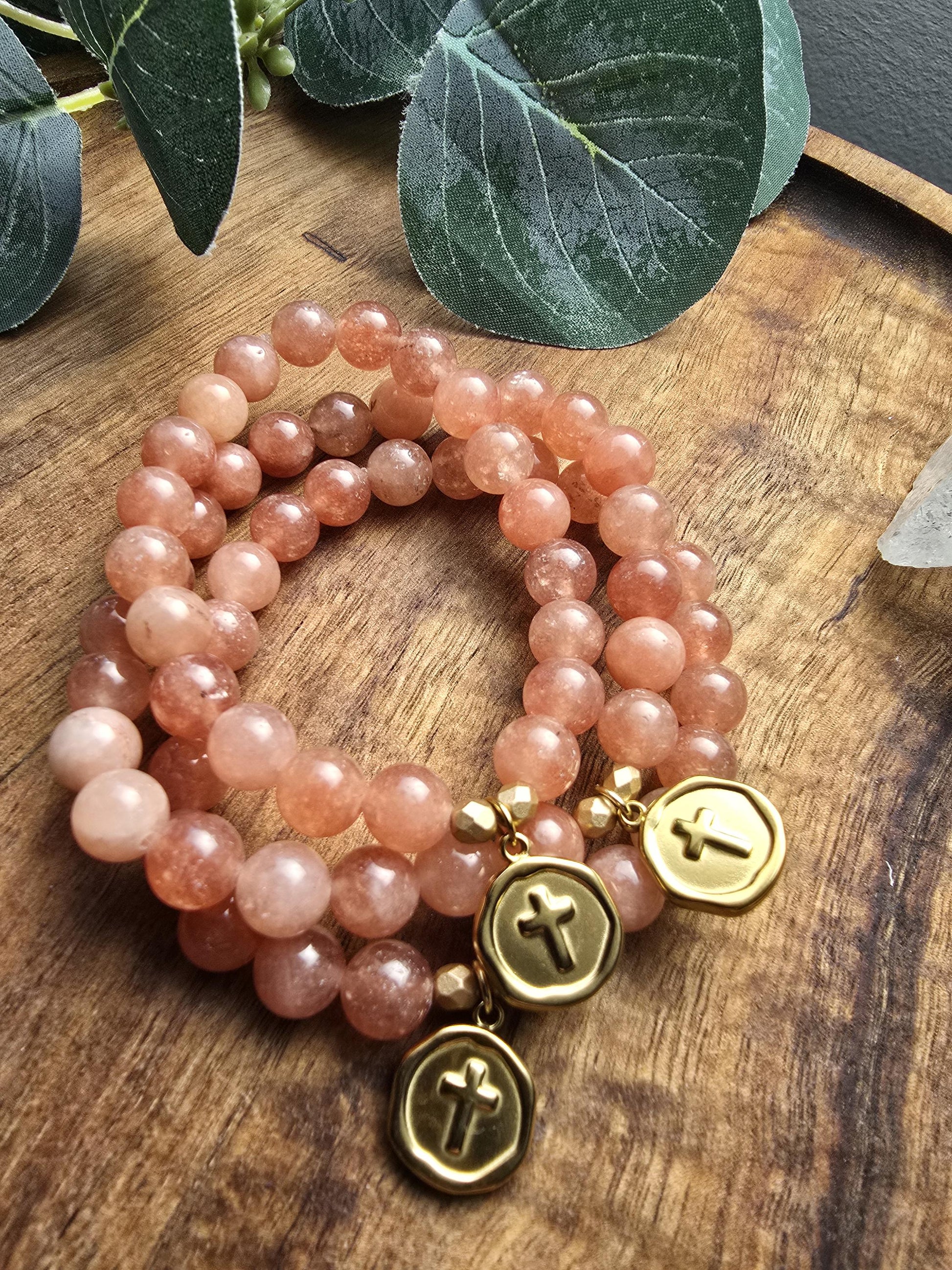 Prayer Bracelet | Sunstone Bracelet | Christian Cross Focal Bead | Stackable Gemstone Bracelet | Gemstone Healing Bracelet | Handmade