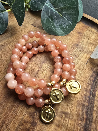 Prayer Bracelet | Sunstone Bracelet | Christian Cross Focal Bead | Stackable Gemstone Bracelet | Gemstone Healing Bracelet | Handmade