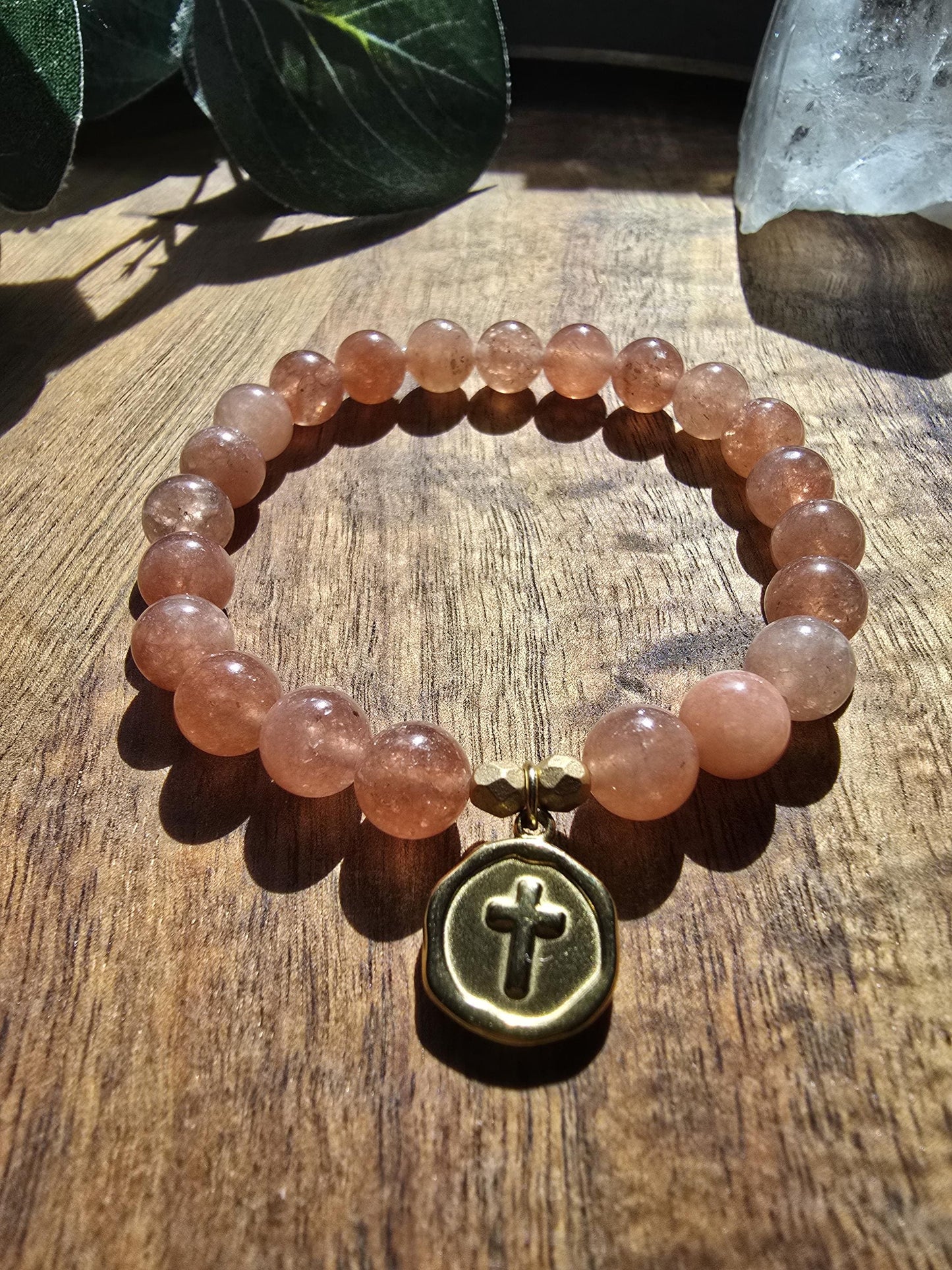 Prayer Bracelet | Sunstone Bracelet | Christian Cross Focal Bead | Stackable Gemstone Bracelet | Gemstone Healing Bracelet | Handmade