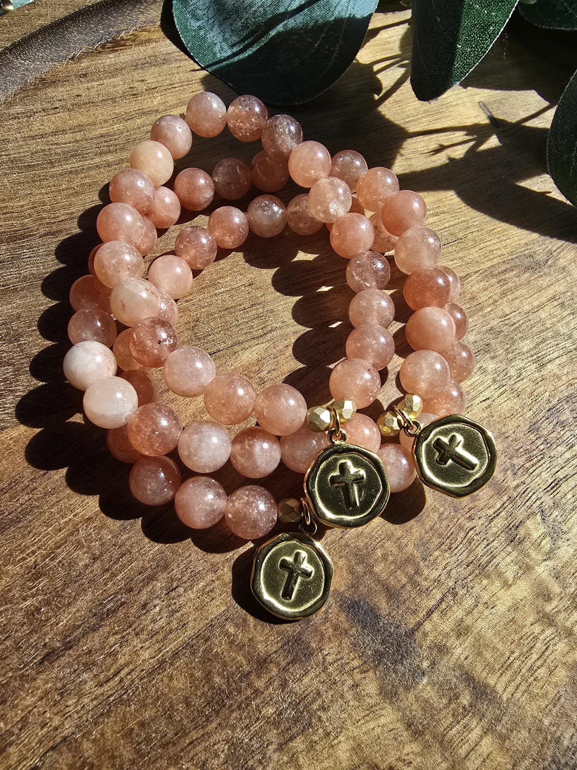 Prayer Bracelet | Sunstone Bracelet | Christian Cross Focal Bead | Stackable Gemstone Bracelet | Gemstone Healing Bracelet | Handmade