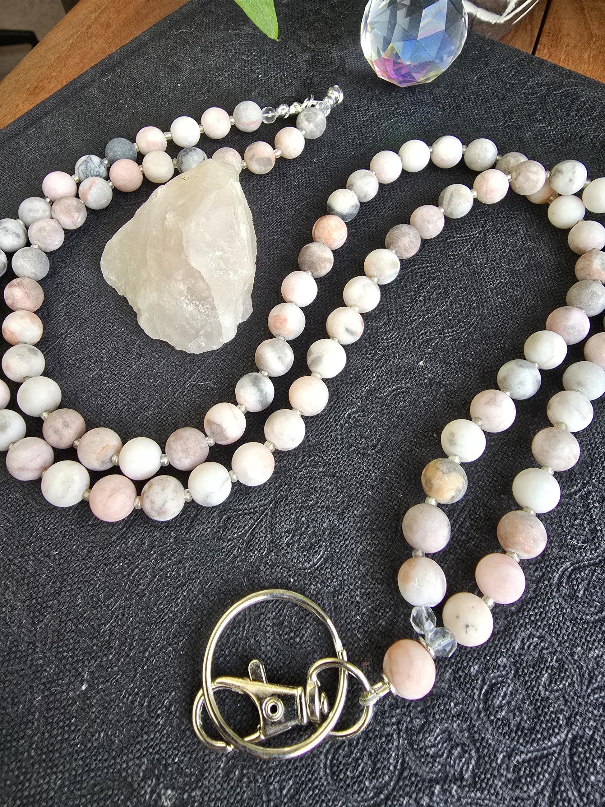 Matte Garden Jasper Lanyard | 8mm Neutral Beaded Lanyard | ID Badge Holder | Handmade