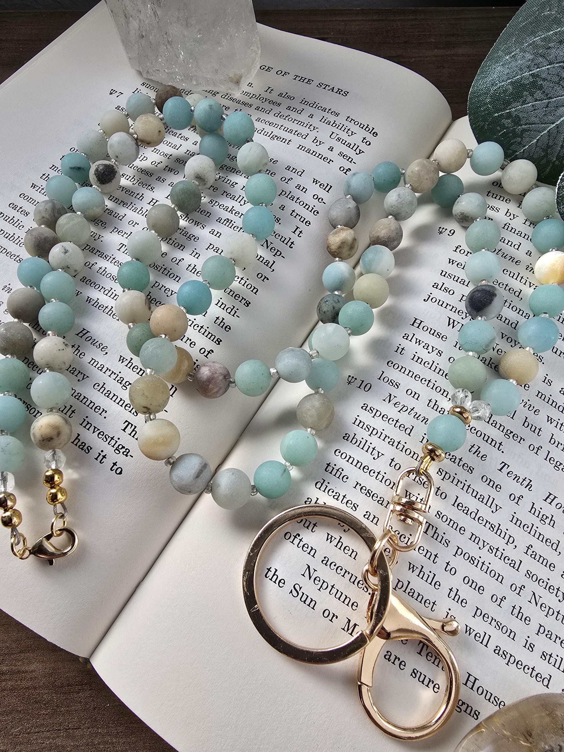 Handmade Matte Amazonite Lanyard | 8mm Neutral Beaded Lanyard | ID Badge Holder | Calming Oceans Lanyard