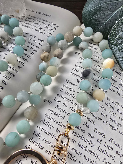 Handmade Matte Amazonite Lanyard | 8mm Neutral Beaded Lanyard | ID Badge Holder | Calming Oceans Lanyard