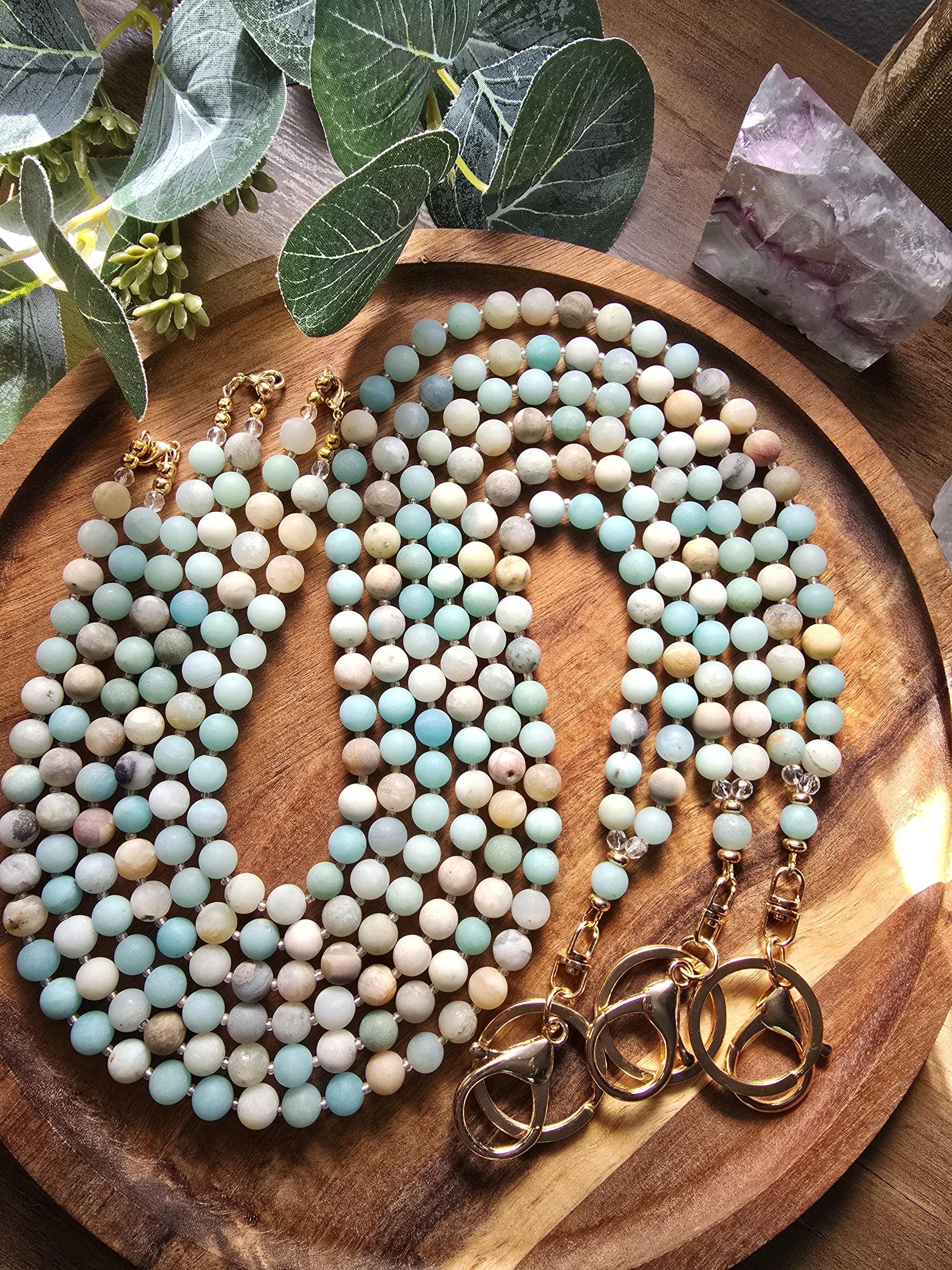 Handmade Matte Amazonite Lanyard | 8mm Neutral Beaded Lanyard | ID Badge Holder | Calming Oceans Lanyard