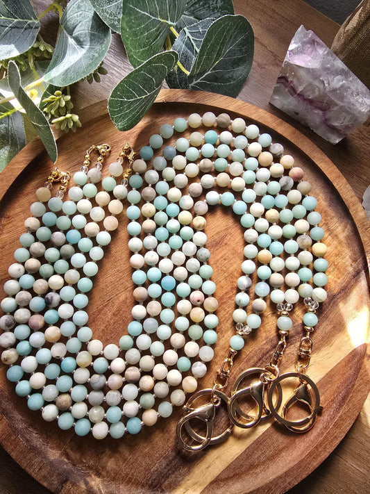 Handmade Matte Amazonite Lanyard | 8mm Neutral Beaded Lanyard | ID Badge Holder | Calming Oceans Lanyard