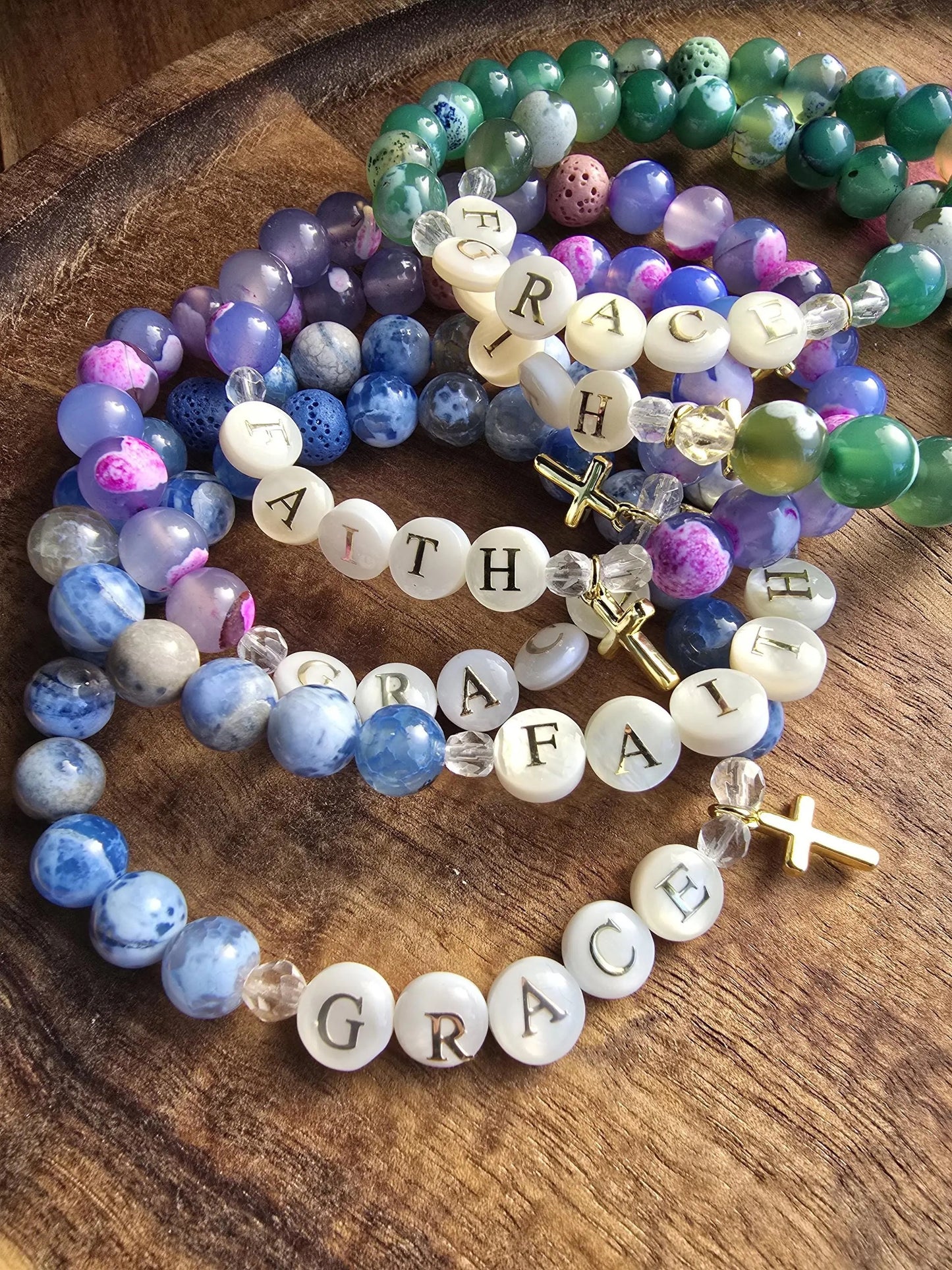 Faith or Grace Cross Charm Bracelet | Handmade | Fire Agate Lava Bead Diffuser | Essential Oil Bracelet