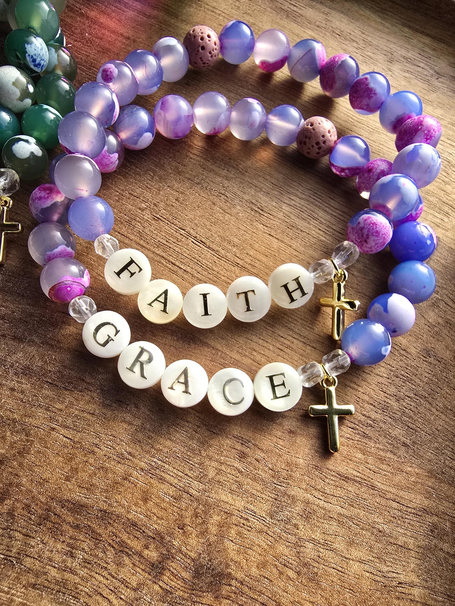 Faith or Grace Cross Charm Bracelet | Handmade | Fire Agate Lava Bead Diffuser | Essential Oil Bracelet