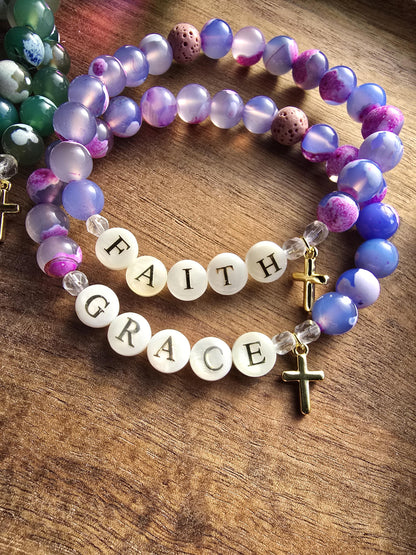 Faith or Grace Cross Charm Bracelet | Handmade | Fire Agate Lava Bead Diffuser | Essential Oil Bracelet