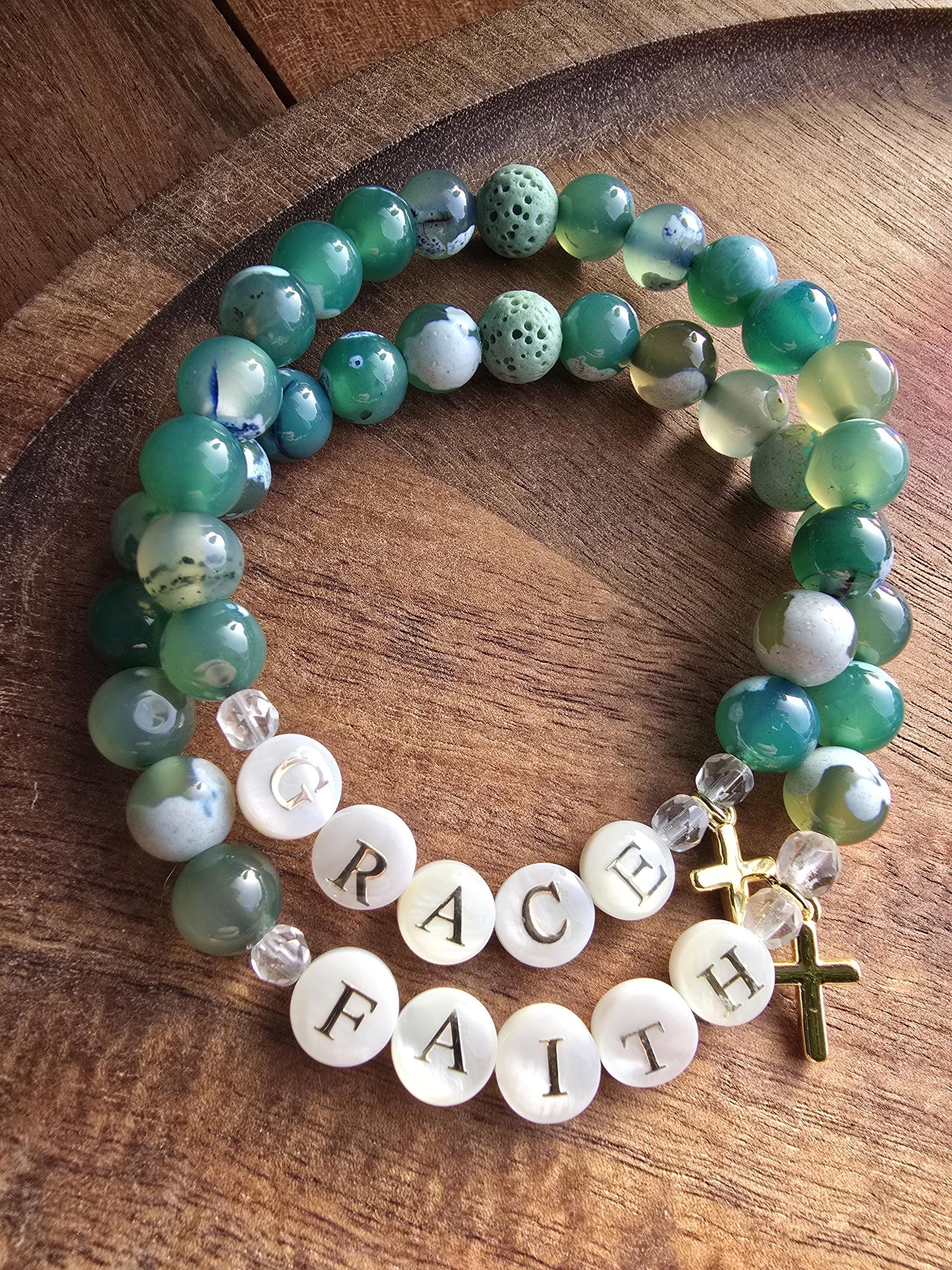 Faith or Grace Cross Charm Bracelet | Handmade | Fire Agate Lava Bead Diffuser | Essential Oil Bracelet