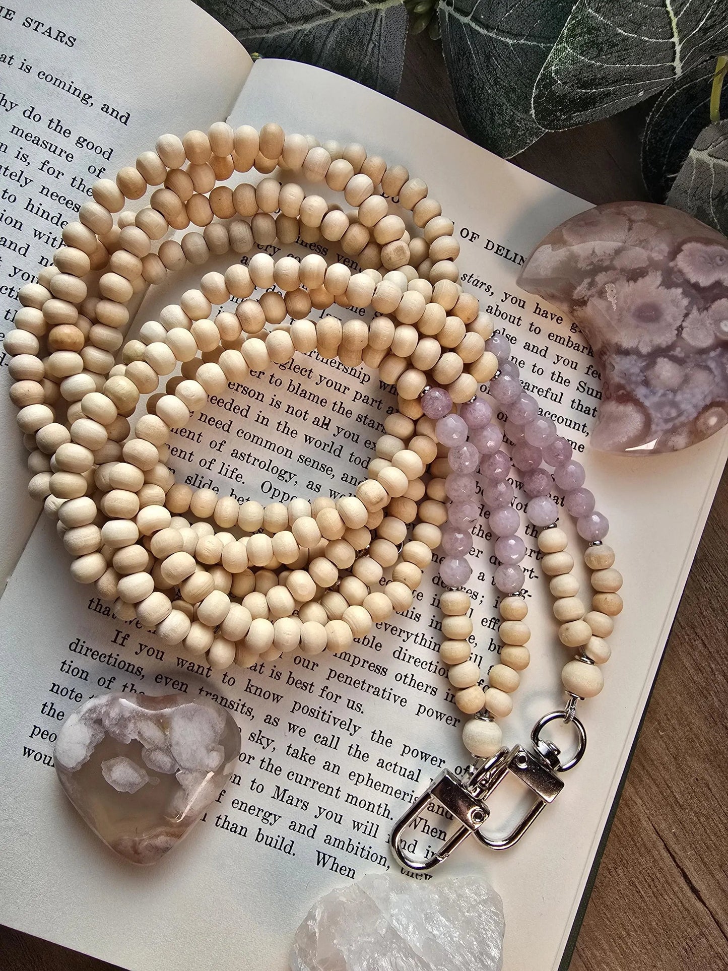 Kunzite Lanyard | Scorpio, Taurus, Leo | Handmade Wood Bead Lanyard | Essential Oil Diffuser Lanyard | Lightweight Beaded ID Holder