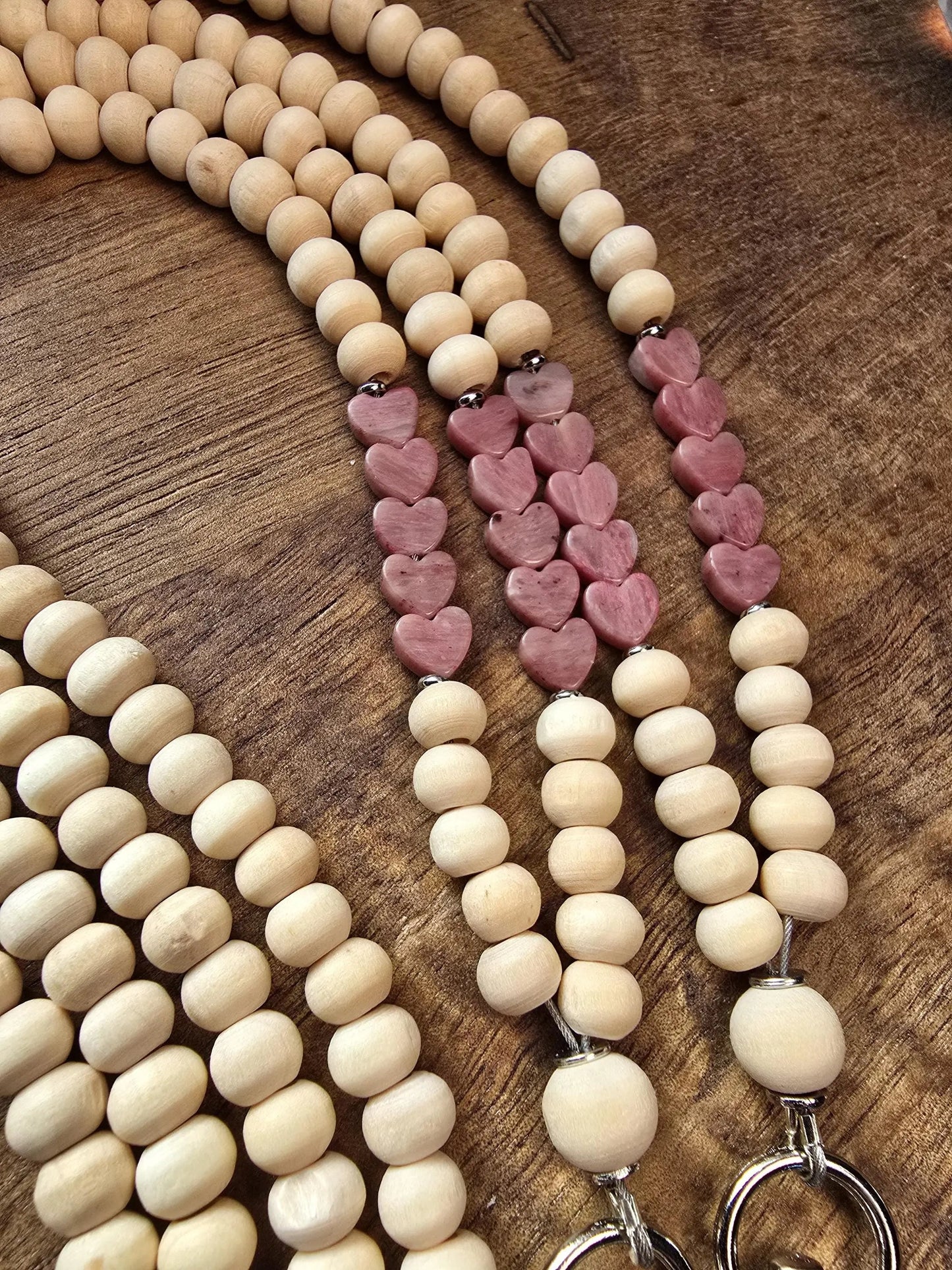 Rhodonite Heart Lanyard | Taurus | Handmade Wood Bead Lanyard | Essential Oil Diffuser Lanyard | Lightweight Beaded ID Holder