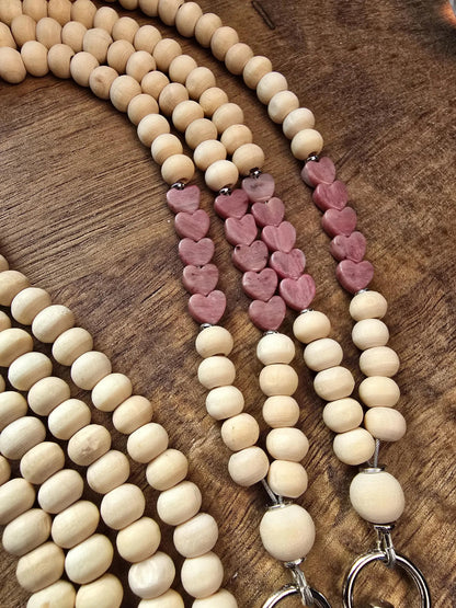 Rhodonite Heart Lanyard | Taurus | Handmade Wood Bead Lanyard | Essential Oil Diffuser Lanyard | Lightweight Beaded ID Holder
