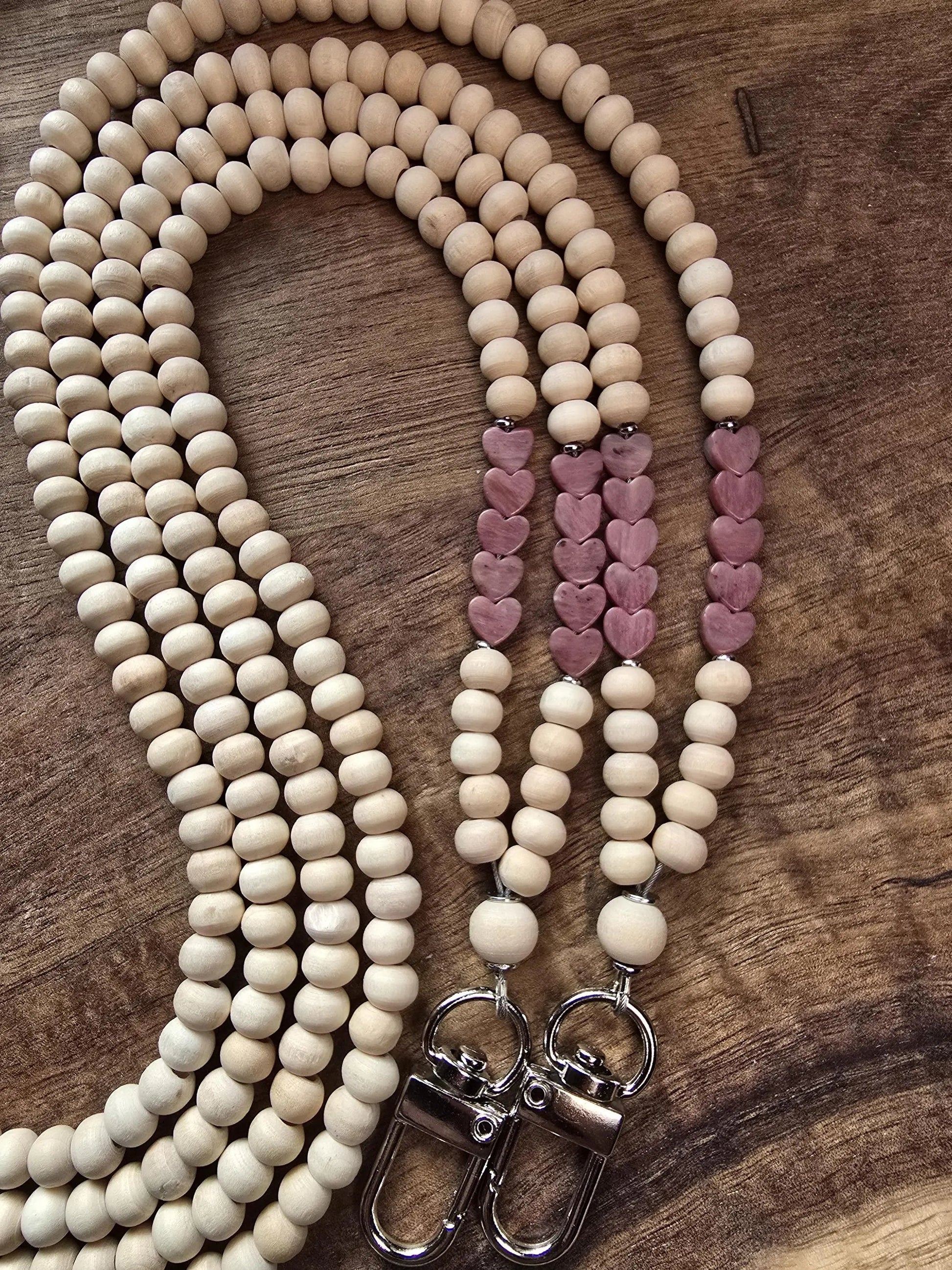 Rhodonite Heart Lanyard | Taurus | Handmade Wood Bead Lanyard | Essential Oil Diffuser Lanyard | Lightweight Beaded ID Holder