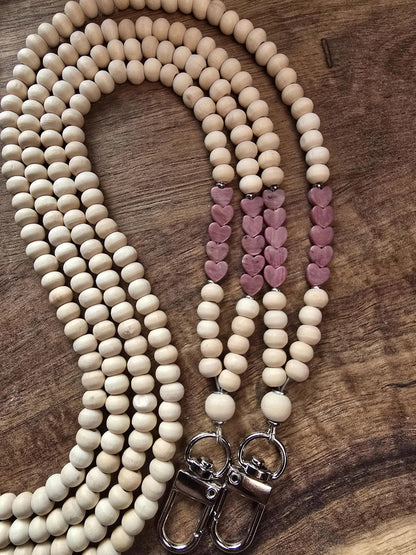 Rhodonite Heart Lanyard | Taurus | Handmade Wood Bead Lanyard | Essential Oil Diffuser Lanyard | Lightweight Beaded ID Holder
