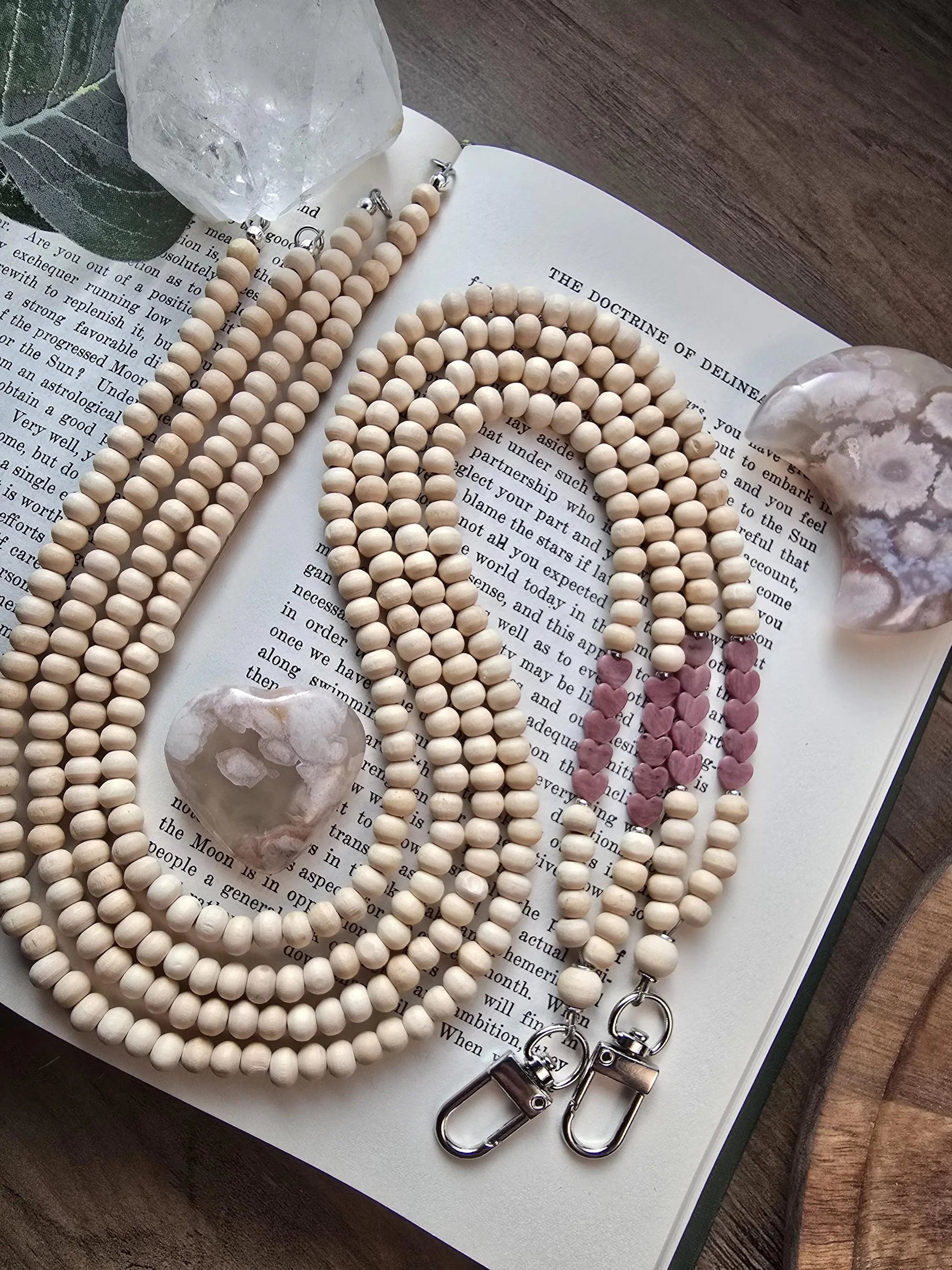 Rhodonite Heart Lanyard | Taurus | Handmade Wood Bead Lanyard | Essential Oil Diffuser Lanyard | Lightweight Beaded ID Holder