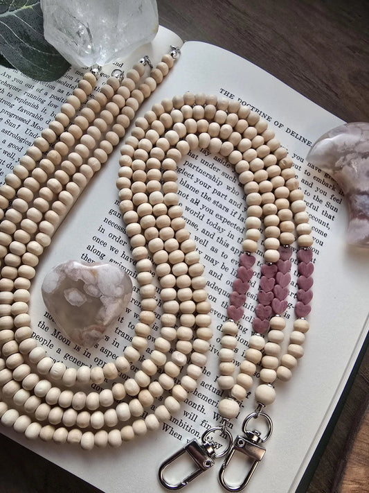 Rhodonite Heart Lanyard | Taurus | Handmade Wood Bead Lanyard | Essential Oil Diffuser Lanyard | Lightweight Beaded ID Holder
