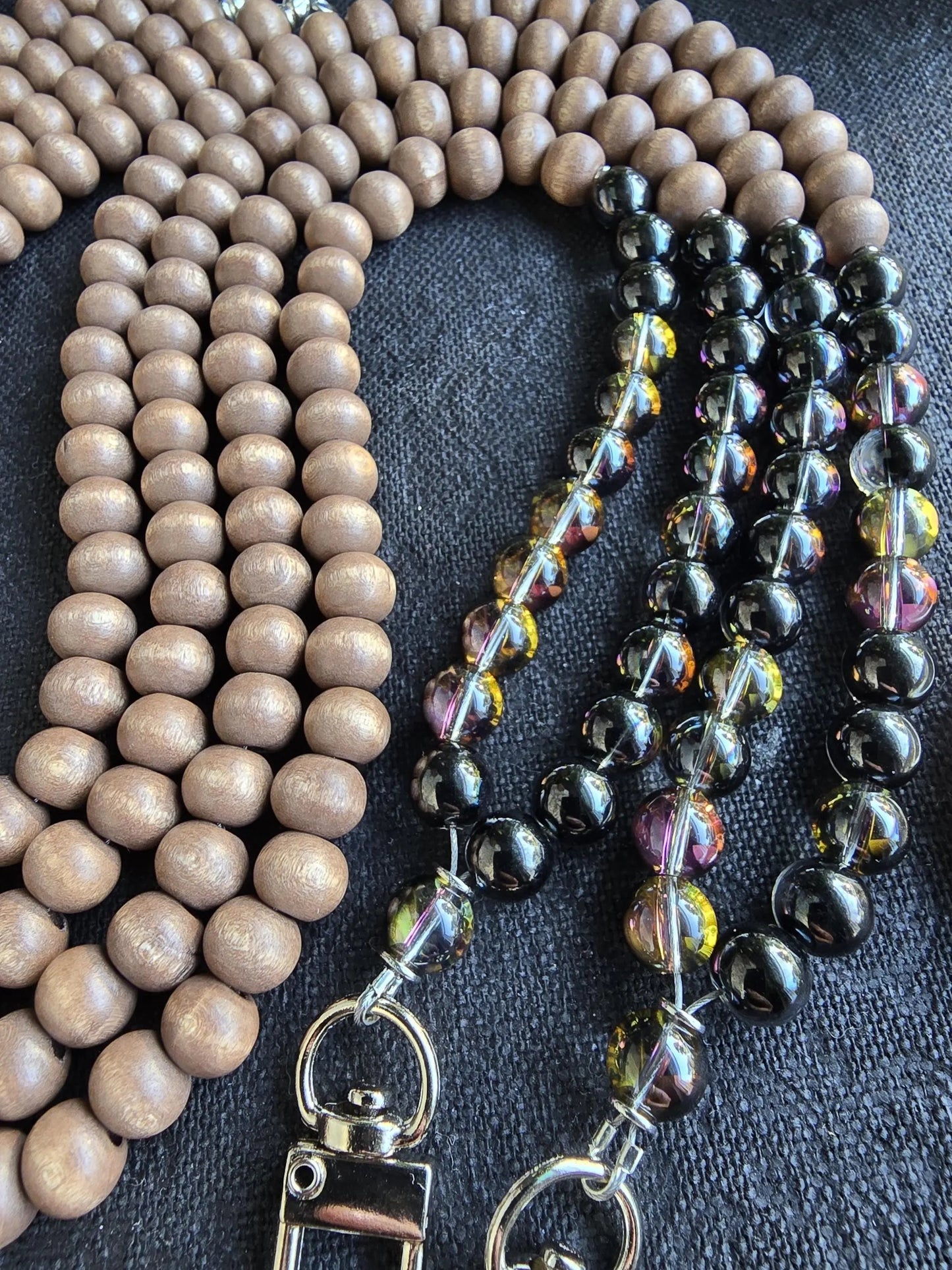 Mystic Smoky Quartz Lanyard | Handmade | Dark Wood Minimalist ID holder | Breakaway Clasp Option