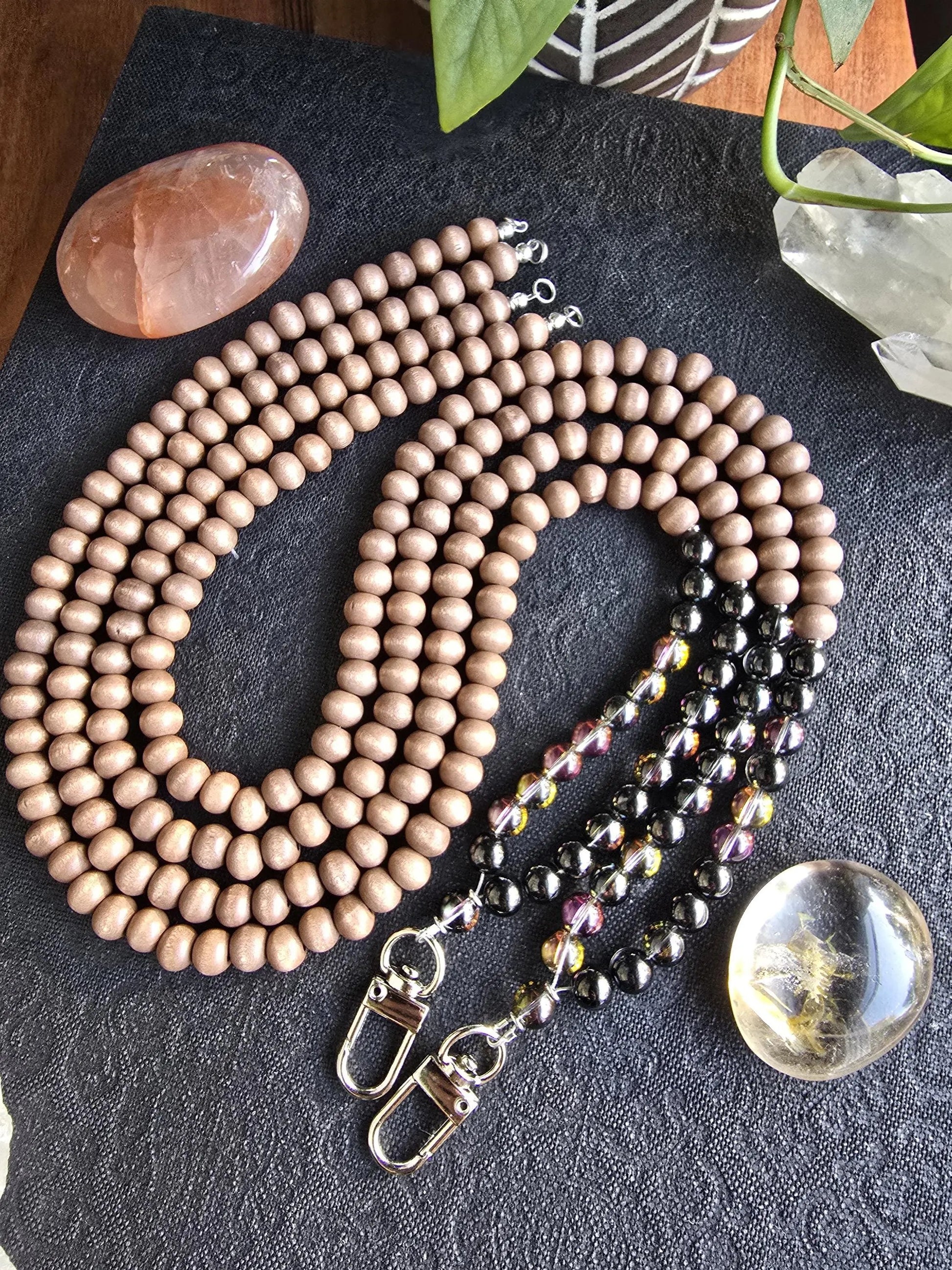 Mystic Smoky Quartz Lanyard | Handmade | Dark Wood Minimalist ID holder | Breakaway Clasp Option