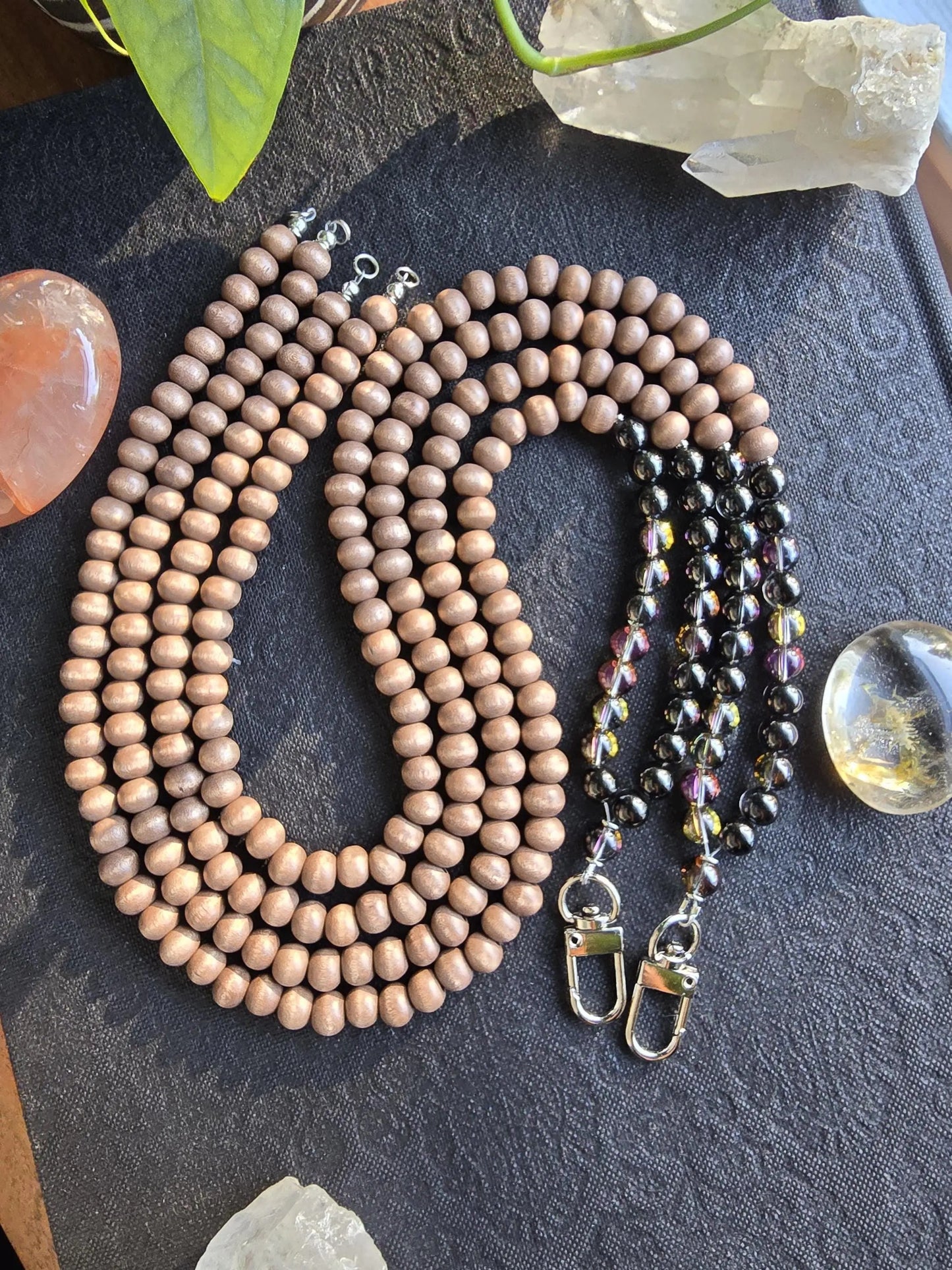 Mystic Smoky Quartz Lanyard | Handmade | Dark Wood Minimalist ID holder | Breakaway Clasp Option