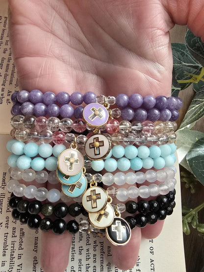 Handmade Prayer Bracelet with Cross and Mustard Seed Charm | Gemstone Bracelet | Faith of a mustard seed | Custom Sizing Available