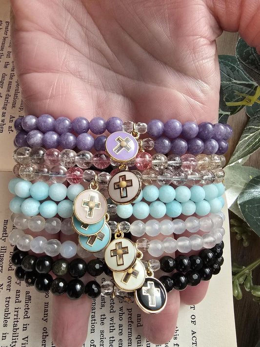 Handmade Prayer Bracelet with Cross and Mustard Seed Charm | Gemstone Bracelet | Faith of a mustard seed | Custom Sizing Available