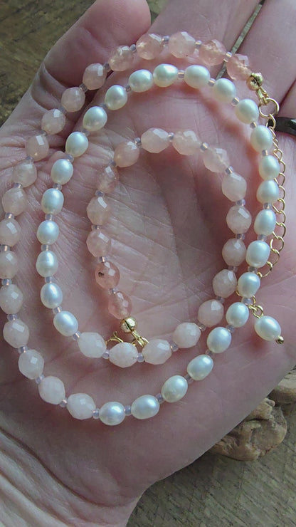 Sunstone and Pearl Necklace – Gold Filled – 18” + 2” Extender – Faceted Gemstone Necklace