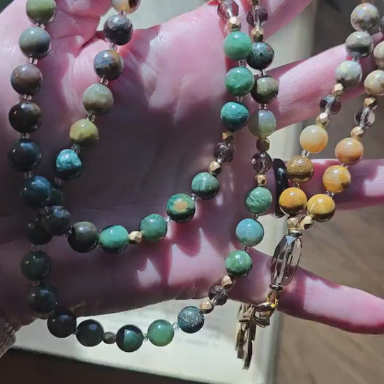 Natural Stone Teacher Lanyard | Ocean Jasper, India Agate & Smokey Quartz Earthy Toned | Gemstone Badge Holder | Handmade Personalized