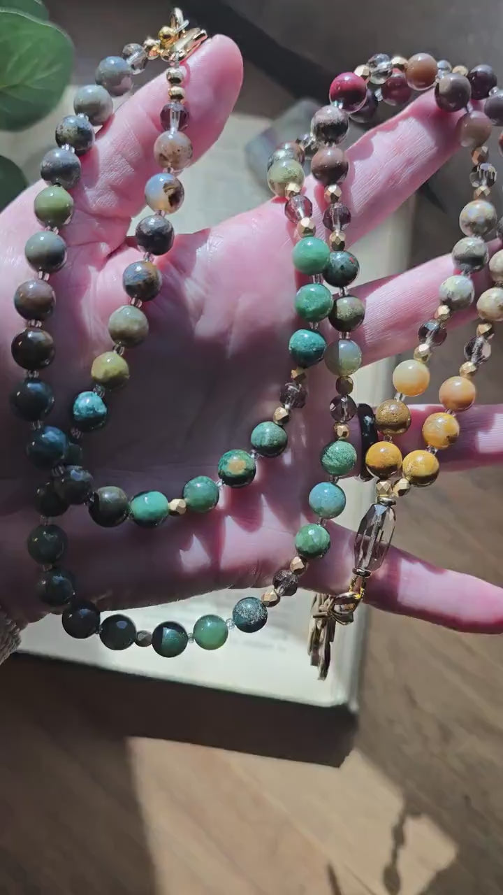 Natural Stone Teacher Lanyard | Ocean Jasper, India Agate & Smokey Quartz Earthy Toned | Gemstone Badge Holder | Handmade Personalized