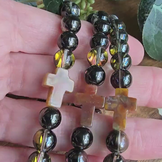 Prayer Bracelet | Smokey Mystic Aura Quartz Bracelet | Christian Cross Focal Bead | Iridescent Gemstone Bracelet | Handmade