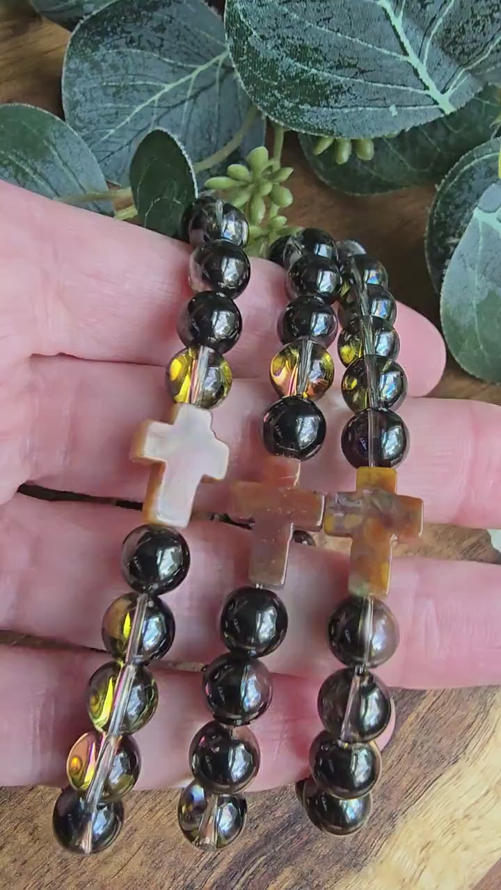 Prayer Bracelet | Smokey Mystic Aura Quartz Bracelet | Christian Cross Focal Bead | Iridescent Gemstone Bracelet | Handmade