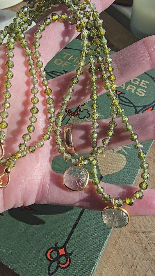 Green Zircon Necklace with Carved Quartz Flower Focal – Gold Filled Gemstone Necklace