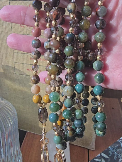 Smokey Quartz, Ocean Jasper, and Bloodstone Multi-Gemstone Lanyard