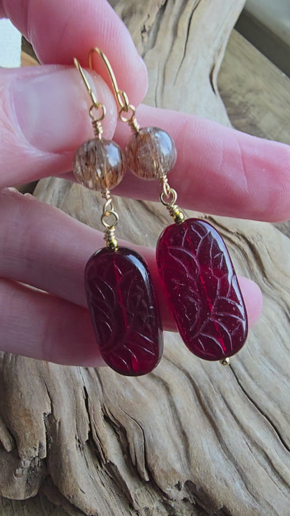 Rutilated Quartz & Carved Czech Glass Drop Earrings