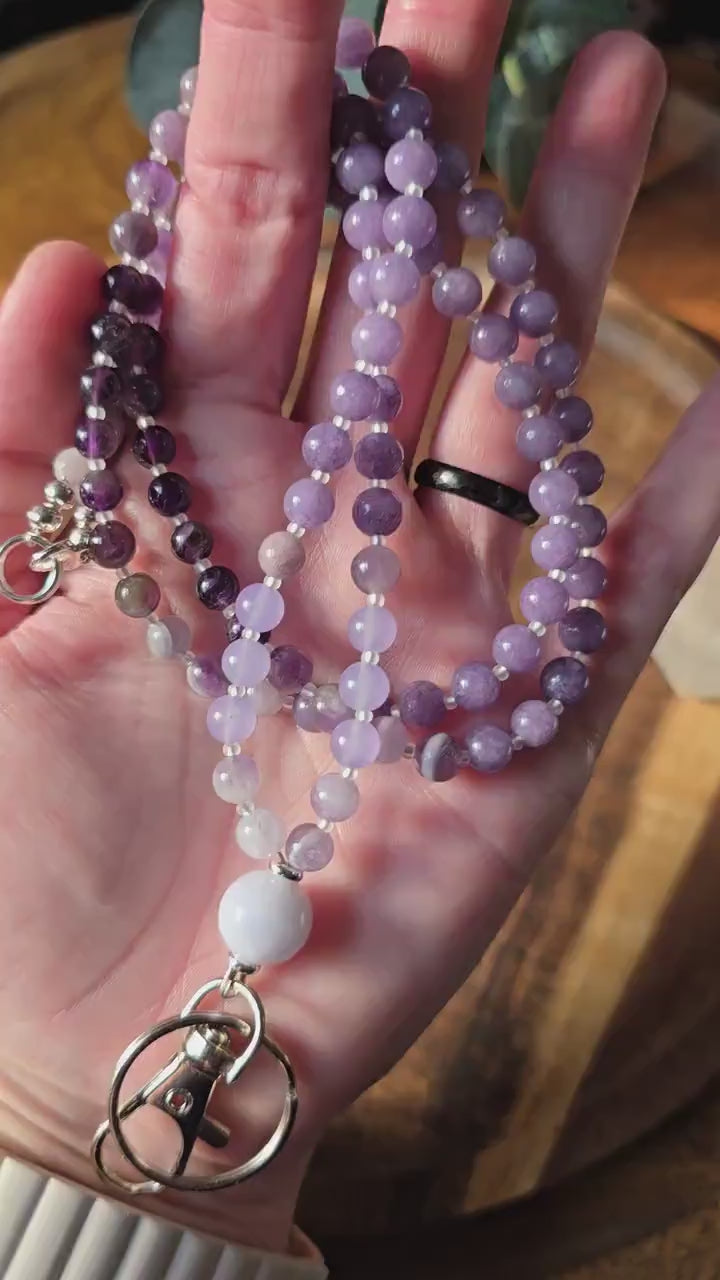 Purple Beaded Lanyard | Magnetic Clasp Breakaway Lanyard | ID Card Holder | Teacher Lanyard | Gemstone Lanyard | Personalized | Handmade