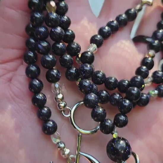 Witchy Gemstone Beaded Lanyard with Blue Goldstone and moons & stars charm | Bookish Fantasy Gift | Witchy gift | Personalized Handmade