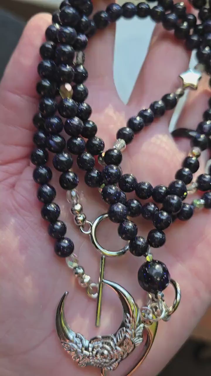 Witchy Gemstone Beaded Lanyard with Blue Goldstone and moons & stars charm | Bookish Fantasy Gift | Witchy gift | Personalized Handmade