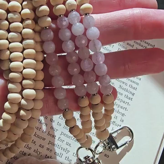 Kunzite Lanyard | Scorpio, Taurus, Leo | Handmade Wood Bead Lanyard | Essential Oil Diffuser Lanyard | Lightweight Beaded ID Holder