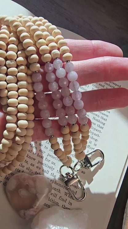 Kunzite Lanyard | Scorpio, Taurus, Leo | Handmade Wood Bead Lanyard | Essential Oil Diffuser Lanyard | Lightweight Beaded ID Holder