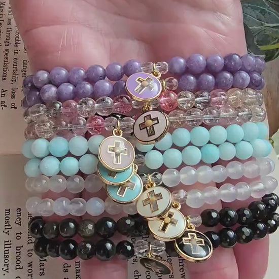 Handmade Prayer Bracelet with Cross and Mustard Seed Charm | Gemstone Bracelet | Faith of a mustard seed | Custom Sizing Available