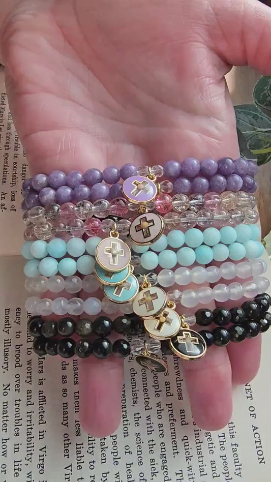 Handmade Prayer Bracelet with Cross and Mustard Seed Charm | Gemstone Bracelet | Faith of a mustard seed | Custom Sizing Available