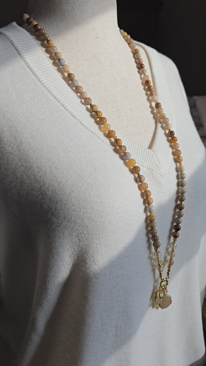 Chrysanthemum Coral and Citrine Necklace with Smoky Quartz Charm – Convertible Gemstone Lanyard Necklace
