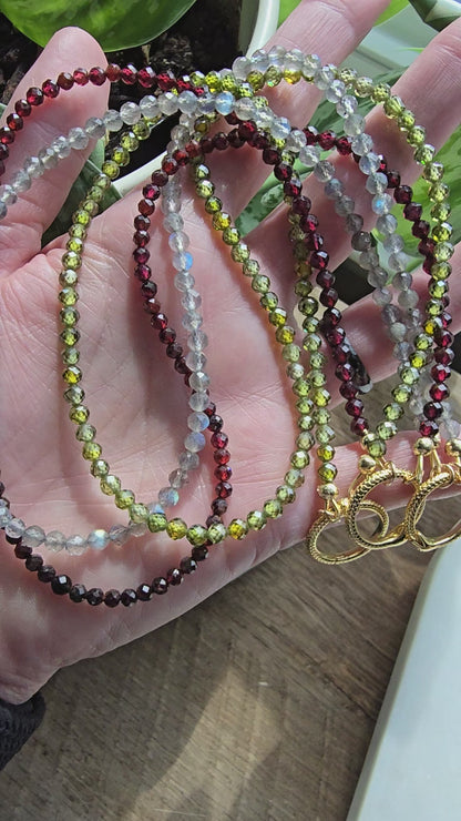 Serpent Clasp Gemstone Necklace – Labradorite, Olive Zircon, or Garnet – Gold Filled Statement Clasp Necklace